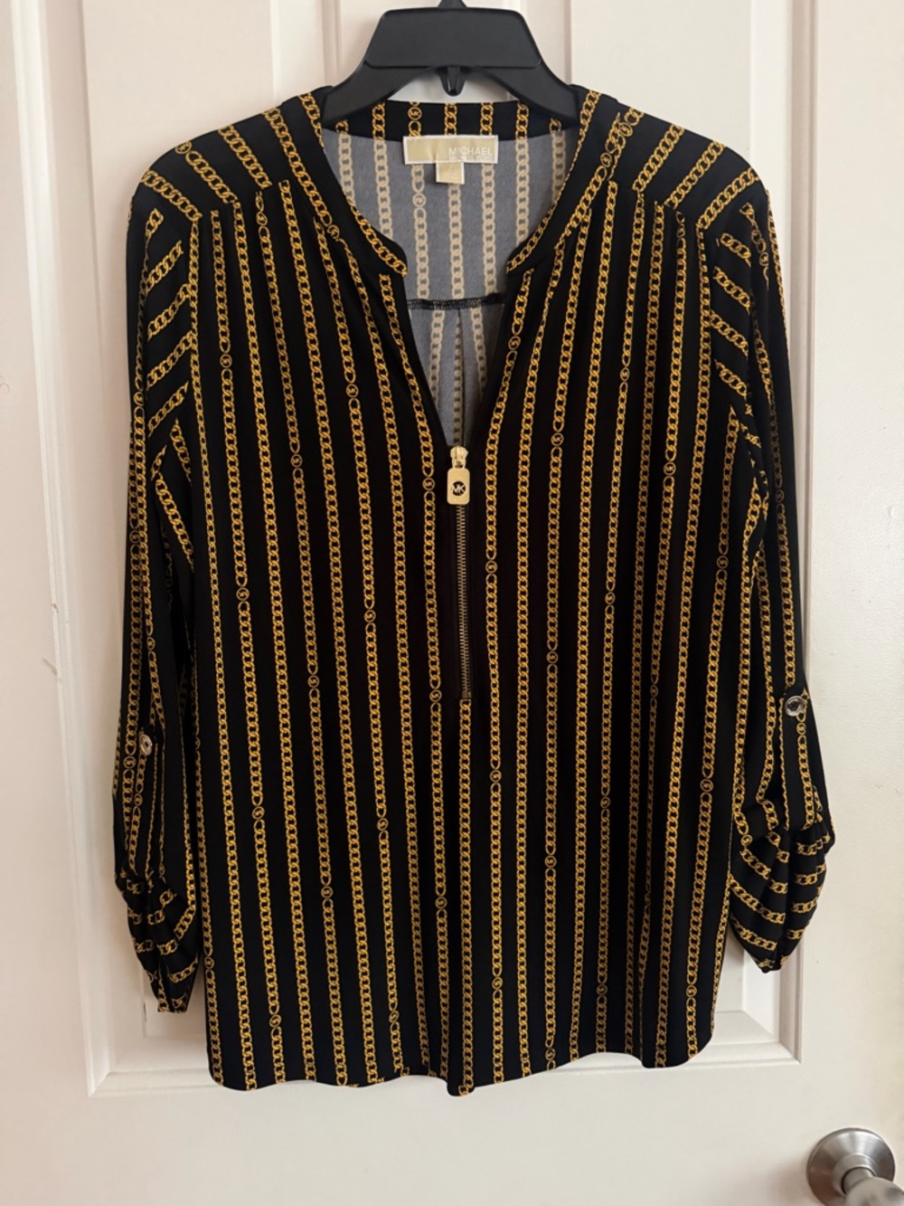 Michael Kors Black and Gold Chain-Striped Button-Front Blouse